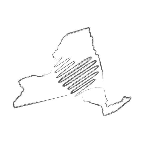 New York állam kézzel rajzolt ceruza vázlatos térkép a kézzel írt szív alakú. Vektorillusztráció — Stock Vector