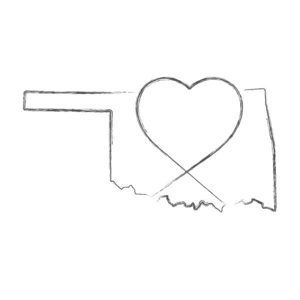 Oklahoma stato degli Stati Uniti disegnato a mano disegno a matita schizzo mappa con la forma del cuore scritto a mano. Illustrazione vettoriale — Vettoriale Stock