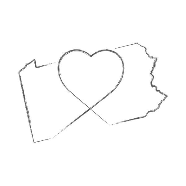 Pennsylvania Stati Uniti disegnato a mano disegno a matita schizzo mappa con la forma del cuore scritto a mano. Illustrazione vettoriale — Vettoriale Stock
