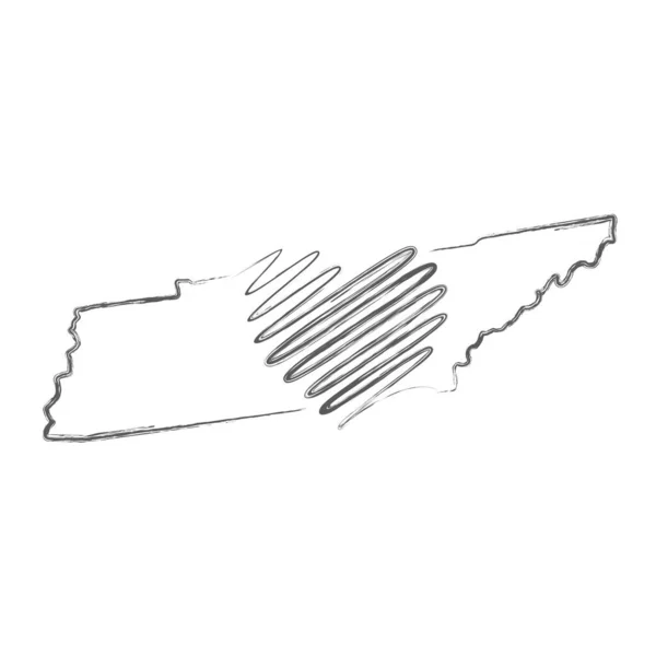 Tennessee Estados Unidos dibujado a mano dibujo a lápiz esquema mapa con la forma del corazón escrito a mano. Ilustración vectorial — Archivo Imágenes Vectoriales