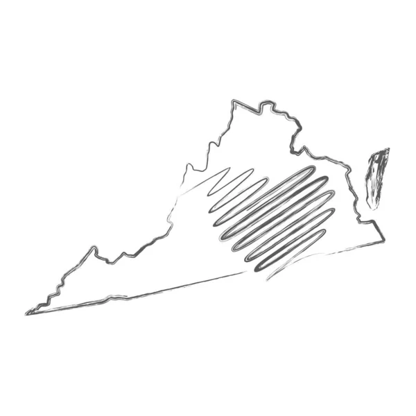 Virginia Eyaleti, el yazısıyla yazılmış kalp şeklindeki kalem çizimi haritasını çizdi. Vektör illüstrasyonu — Stok Vektör