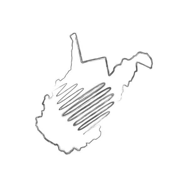 Nyugat-Virginia állam kézzel rajzolt ceruza vázlatos térkép a kézzel írt szív alakú. Vektorillusztráció — Stock Vector