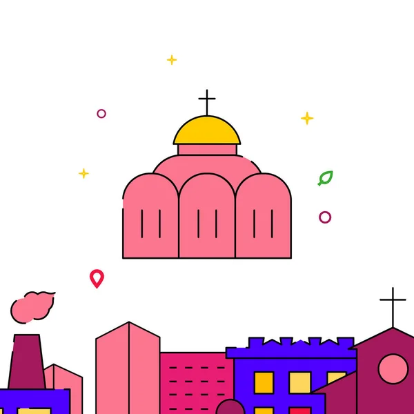 Православная христианская церковь с куполом заполненной иконой линии, городской пейзаж простой векторной иллюстрацией — стоковый вектор