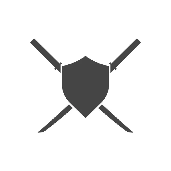 Dos samuráis cruzaron espadas y escudo emblema vectorial aislado. Ilustración en blanco y negro — Vector de stock