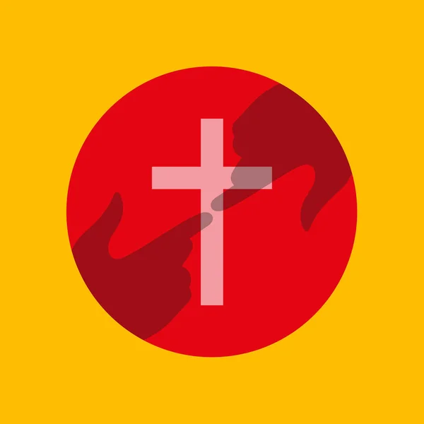 Meeting with God, with the Savior. White cross on a red circle. Two hands in touch. Flat isolated Christian illustration — Stock vektor