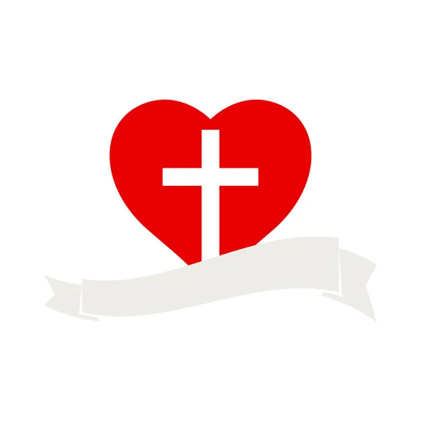 Cross inside the heart. Jesus in the heart concept. White ribbon banner. Flat isolated Christian illustration — Stock Vector