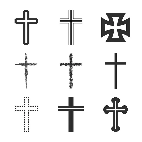 Collection of crosses, crucifixes of various shapes. Flat isolated Christian illustration — стоковий вектор