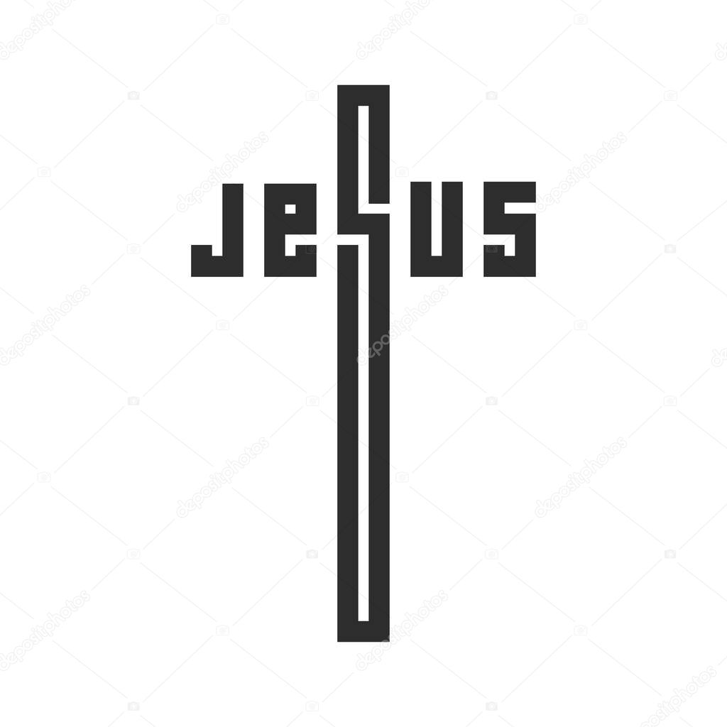 JESUS. Creative emblem. Stylized text in the shape of a crucifix. Flat isolated Christian illustration