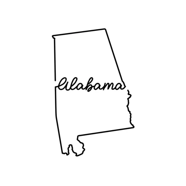 Alabama Mapa del contorno del estado de Estados Unidos con el nombre del estado escrito a mano. Dibujo continuo del signo patriótico de la casa — Vector de stock