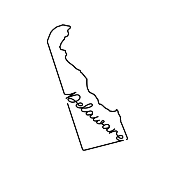 Delaware EUA estado esboço mapa com o nome do estado manuscrito. Desenho de linha contínua de sinal de casa patriótico — Vetor de Stock