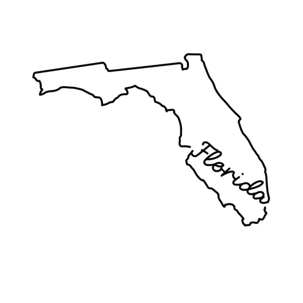 Florida EE.UU. mapa del contorno del estado con el nombre del estado escrito a mano. Dibujo continuo del signo patriótico de la casa — Vector de stock