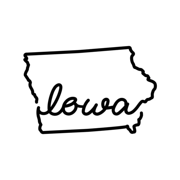 Iowa Amerikaanse staatskaart met de handgeschreven staatsnaam. Continu tekenen van vaderlandslievend huisteken — Stockvector