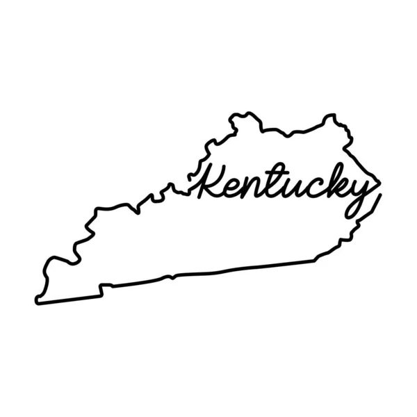 Mapa del contorno del estado de Kentucky con el nombre del estado escrito a mano. Dibujo continuo del signo patriótico de la casa — Vector de stock