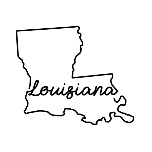 Louisiane Carte de l'état américain avec le nom de l'état écrit à la main. Dessin linéaire continu du signe patriotique de la maison — Image vectorielle