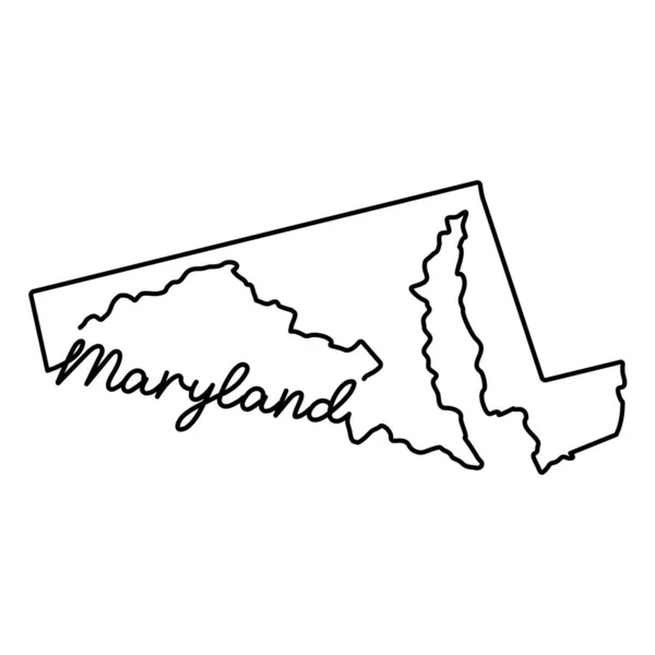 Maryland Stati Uniti mappa di contorno con il nome dello stato scritto a mano. Disegno di linea continuo del segno domestico patriottico — Vettoriale Stock