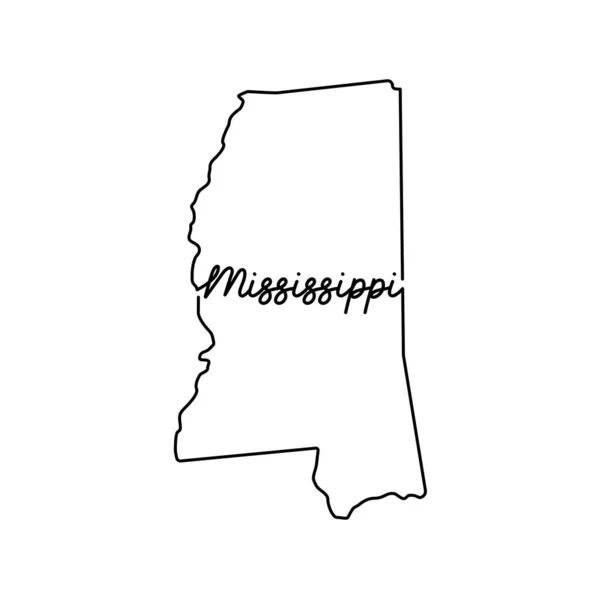 Mississippi amerikai állam vázlatos térkép a kézzel írott állami névvel. Hazafias anyajegy folyamatos vonalrajza — Stock Vector