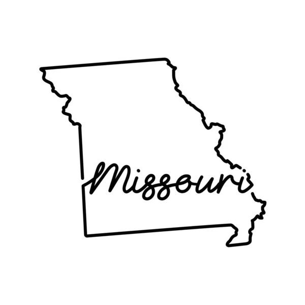 Missouri Stati Uniti mappa di stato contorno con il nome dello stato scritto a mano. Disegno di linea continuo del segno domestico patriottico — Vettoriale Stock