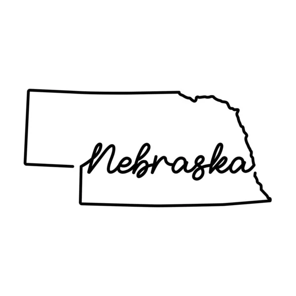 Nebraska Stati Uniti mappa di stato contorno con il nome dello stato scritto a mano. Disegno di linea continuo del segno domestico patriottico — Vettoriale Stock