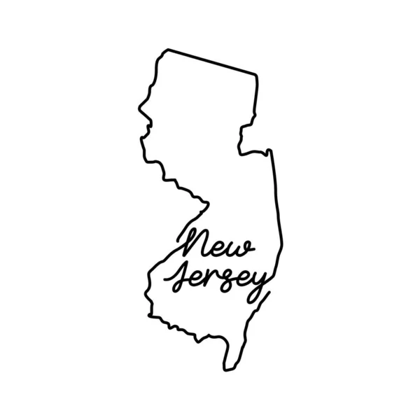 Карта штата Нью-Джерси с рукописным названием штата. Непрерывная линия рисования патриотического домашнего знака — стоковый вектор