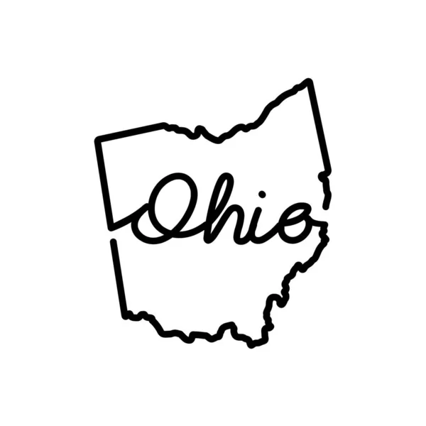 Ohio Amerikaanse staatskaart met de handgeschreven staatsnaam. Continu tekenen van vaderlandslievend huisteken — Stockvector
