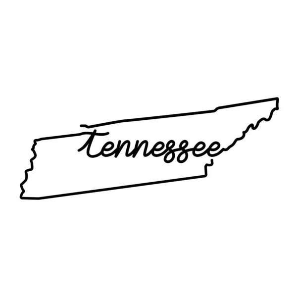 Mapa del contorno del estado de Tennessee con el nombre del estado escrito a mano. Dibujo continuo del signo patriótico de la casa — Vector de stock