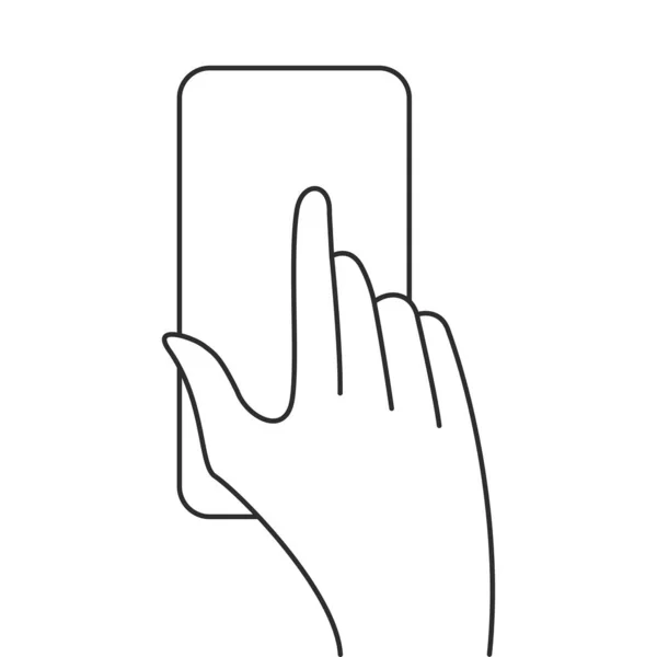 Hand met telefoon, smartphone wijsvinger. Platte lijn vector illustratie geïsoleerd op wit — Stockvector