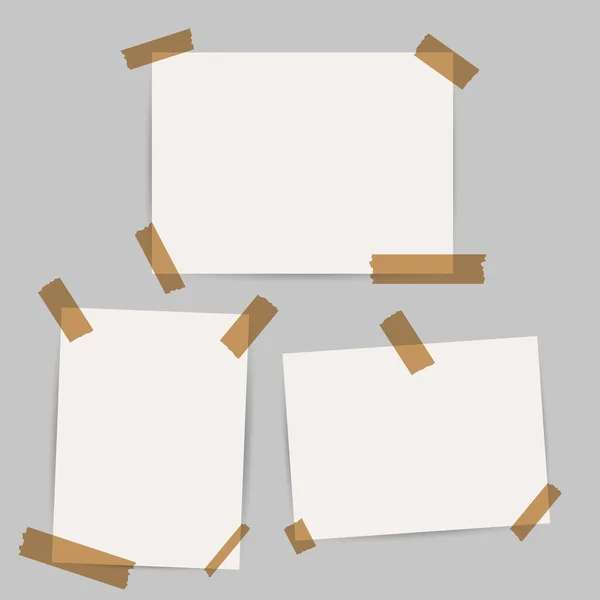 Drie plakkerige noten. Herinneringen op transparante plakband. 3D realistische vector illustratie — Stockvector