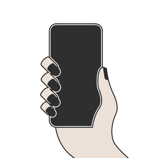Mano femenina sosteniendo un smartphone con pantalla en blanco. Ilustración vectorial plana aislada en blanco — Vector de stock