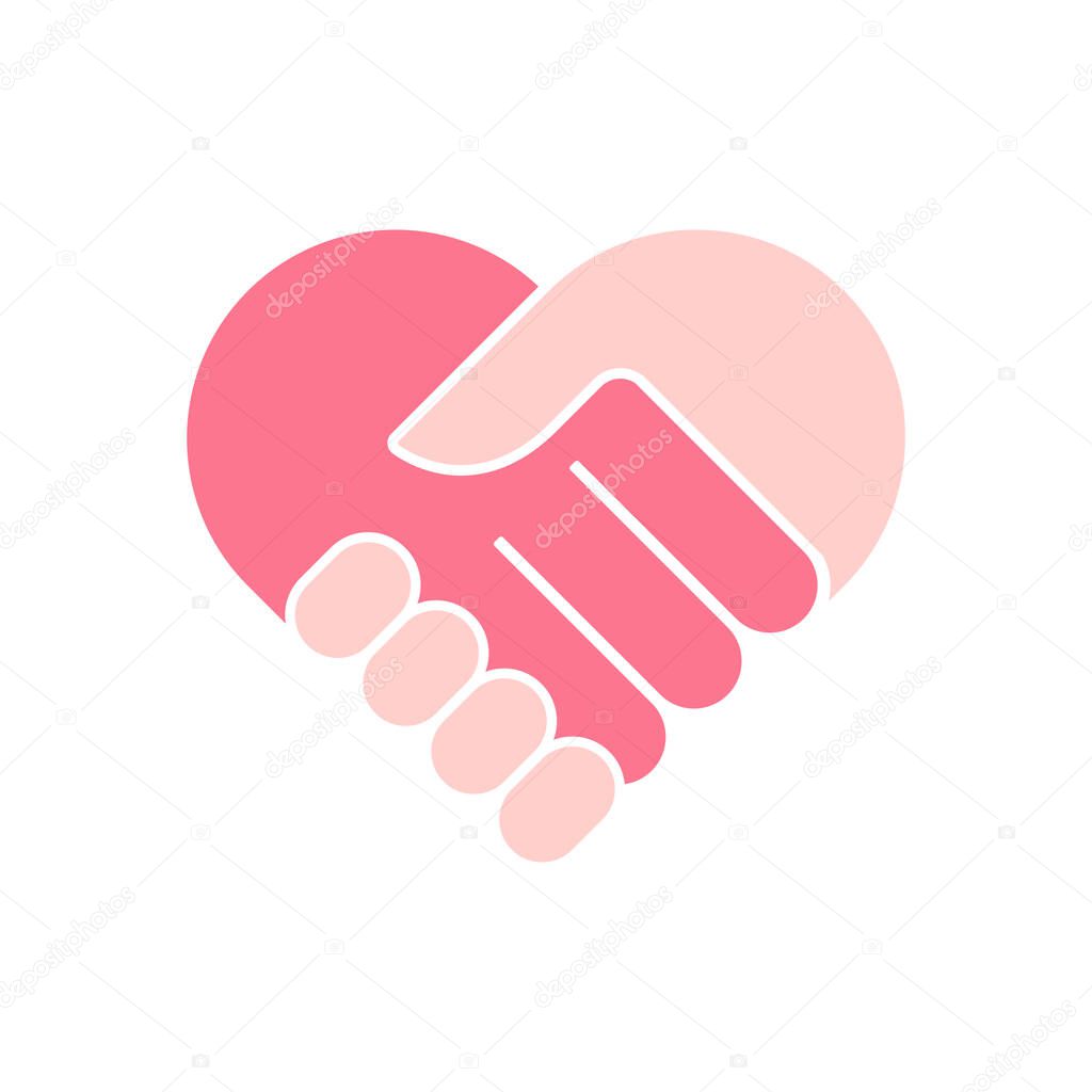 One heart, two hand palms, care love symbol. Flat vector illustration isolated on white