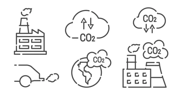 CO2, emisiones de dióxido de carbono, conjunto de iconos de línea vectorial. Ilustración plana aislada en blanco — Vector de stock