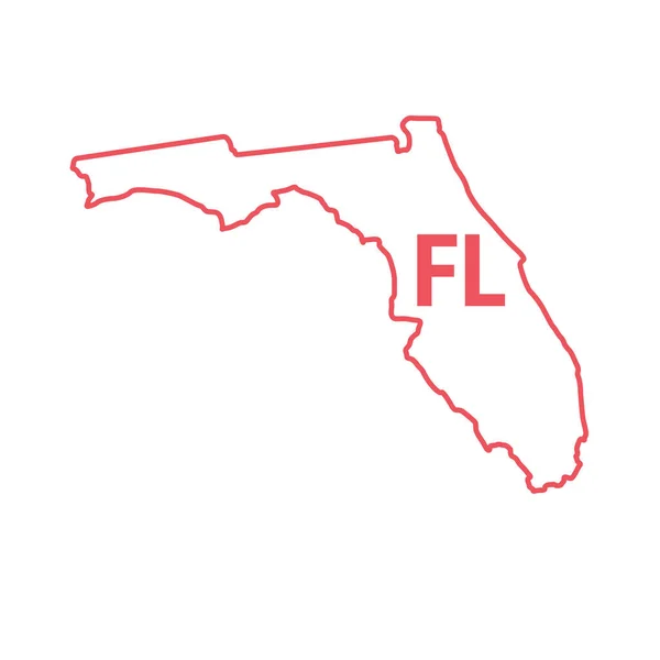 Florida US State map červený obrys hranice. Vektorová ilustrace. Dvoupísmenná zkratka stavu — Stockový vektor