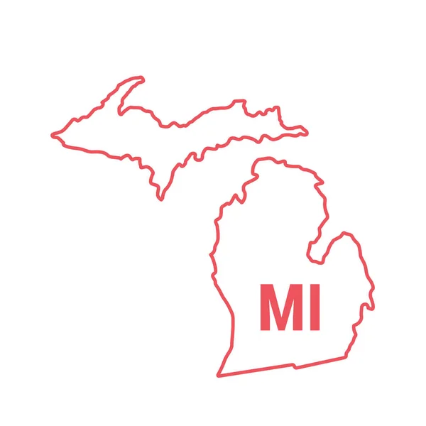 Michigan US-Bundesstaat Karte rote Umrisse Grenze. Vektorillustration. Staatliche Abkürzung mit zwei Buchstaben — Stockvektor