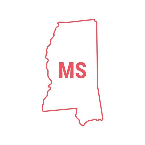 Mississippi EUA mapa do estado fronteira contorno vermelho. Ilustração vetorial. Abreviatura de estado de duas letras — Vetor de Stock