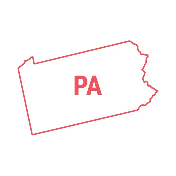 Pennsylvania eyalet haritası kırmızı sınır çizgisi. Vektör çizimi. İki harfli durum kısaltması — Stok Vektör