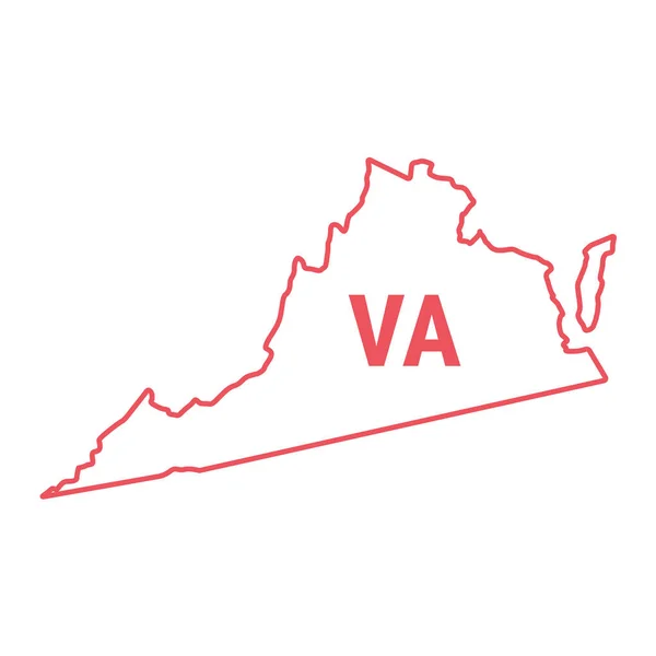 Virginia US State map červený obrys hranice. Vektorová ilustrace. Dvoupísmenná zkratka stavu — Stockový vektor