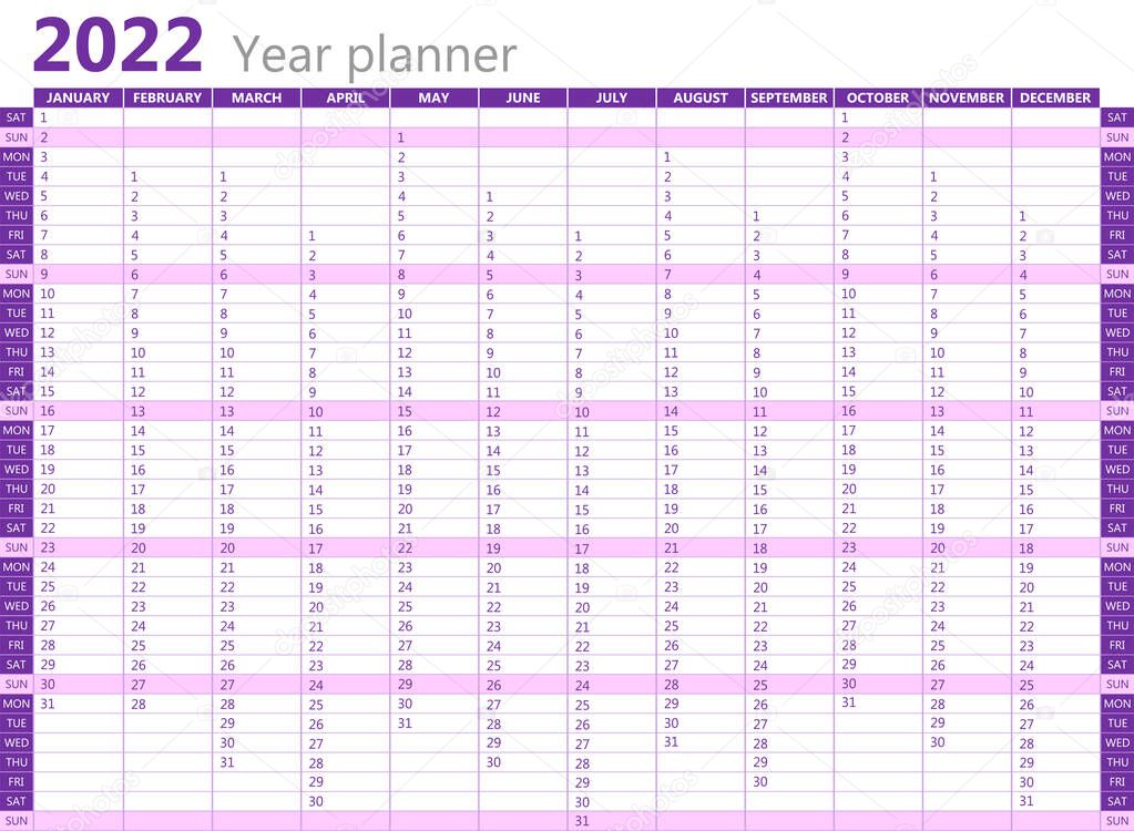 The planner for 2022. Calendar on one page, on a white background in purple tones. Vector template.
