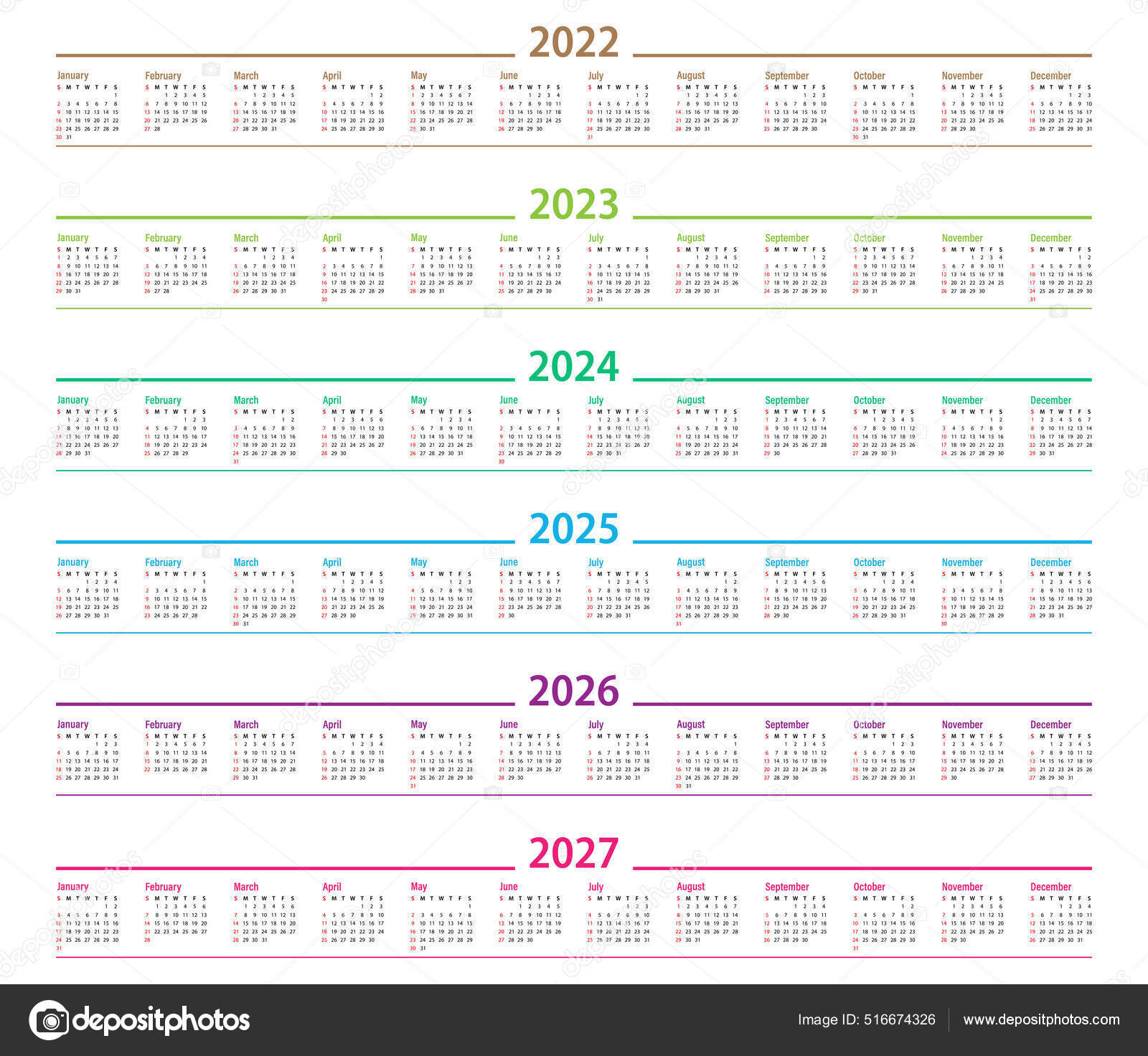 Kalender 2022 2023 2025 2025 2026 2027 Jahr Vektor Die - Vektorgrafik: lizenzfreie Grafiken