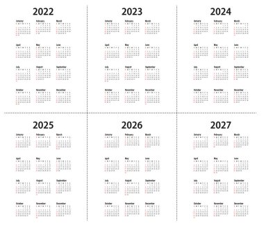 Takvim 2022, 2023, 2024, 2025, 2026, 2027. Vektör. Hafta pazar günü başlıyor. Basit bir minimalist tasarımda dikey kırtasiye şablonu. Yıllık takvim birkaç hafta için düzenlenir.