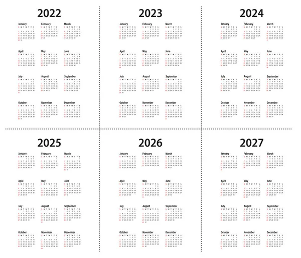 Calendario 2022 2023 2024 2025 2026 2027 Año Vector Semana — Vector de stock