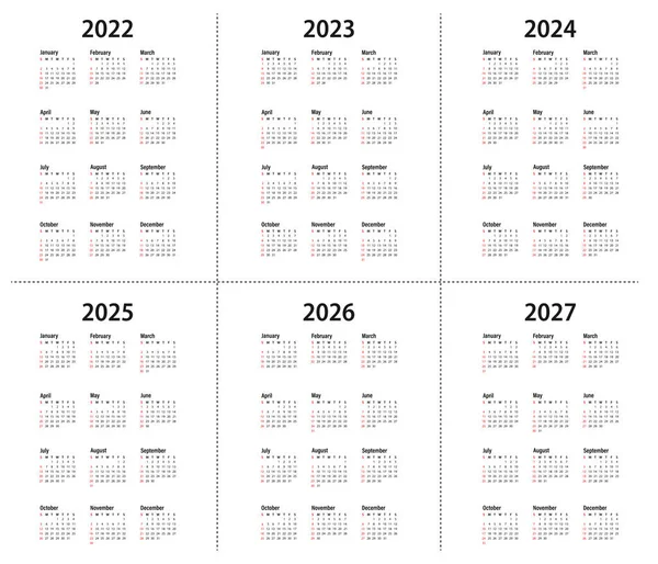 Takvim 2022, 2023, 2024, 2025, 2026, 2027. Vektör. Hafta pazar günü başlıyor. Basit bir minimalist tasarımda dikey kırtasiye şablonu. Yıllık takvim birkaç hafta için düzenlenir.
