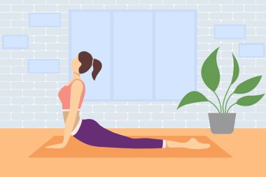  Bir kadın evde yoga yapıyor. Kız yoga pozu veriyor. Karantina sırasında evde kal. Çizgi film tarzında vektör illüstrasyonu.