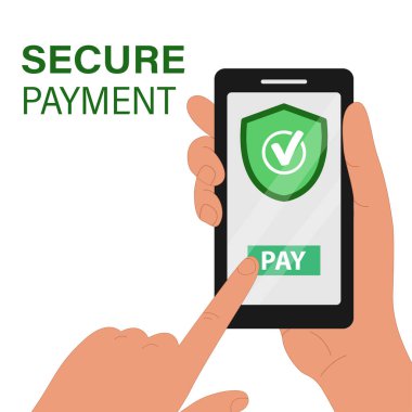  Güvenli ödeme tasarımı. Güvenli ödeme düğmesi olan bir el cep telefonunu tutar.