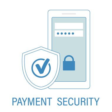  Çevrimiçi ödemeleri güvene alın. Üzerinde işaret olan bir kalkan. Akıllı telefon simgesi kullanan ödeme, çevrimiçi mobil ödemelerin doğrusal işareti, beyaz arkaplanda izole edilmiş