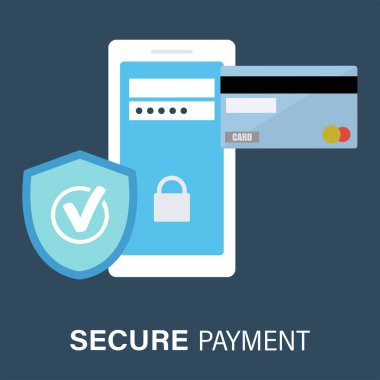  Bir kredi kartı, bir telefon ve işaretli bir tabela. Güvenli alışverişler, güvenli ödemeler, güvenli alım-satım konseptleri. Modern düz grafik tasarım elementleri. Vektör illüstrasyonu.