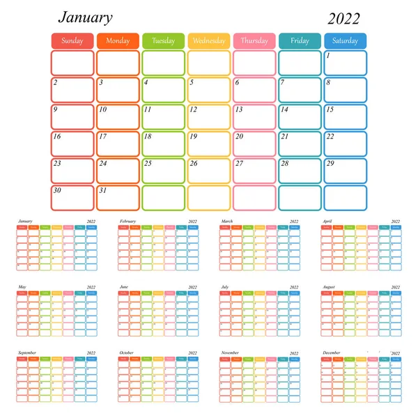 Kalendervorlage Für 2022 Tagesplaner Stil Des Minimalismus Bunter Kalender 2022 — Stockvektor