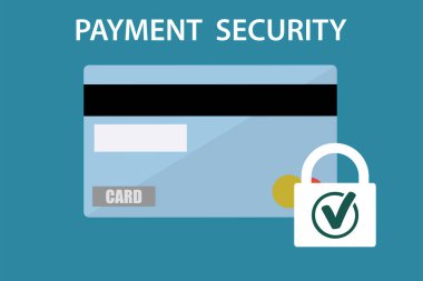  Bir kredi kartı ve işaretli kilit. Güvenli alışverişler, güvenli ödemeler, güvenli alım-satım konseptleri. Modern düz grafik tasarım elementleri. Vektör illüstrasyonu.