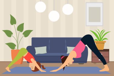  Anne ve kız evde, oturma odasında yoga minderinin üzerinde egzersiz yapıyorlar. Evde yoga yapan sportif kadın modeller. Karantina sırasında sakin olun. Vektör illüstrasyonu