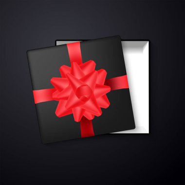  Üzerinde kırmızı fiyonk olan siyah bir hediye kutusu. Vektör illüstrasyonu