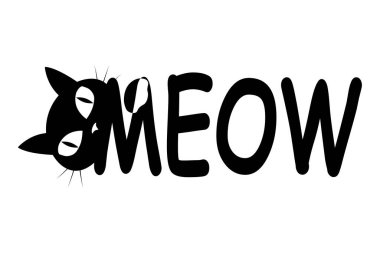 Siyah bir kedi yavrusu bir kedinin kafasının ağzına bakar. Miyav metni. Sevimli çizgi film karakteri. Not defteri kapağı, tişört, tebrik kartı baskısı. Düz dizayn. Beyaz arka plan. Vektör