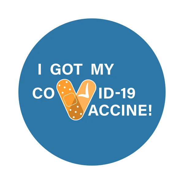  Aşılanmış insanlar için kovid 19 aşısını aldım. Coronavirus, Coronavirus aşısı kampanyasının çıkartmaları, kalp sembolü şeklinde tıbbi bir yama ve beyaz arka planda izole edilmiş mavi bir dairede V harfli metin. Vektör